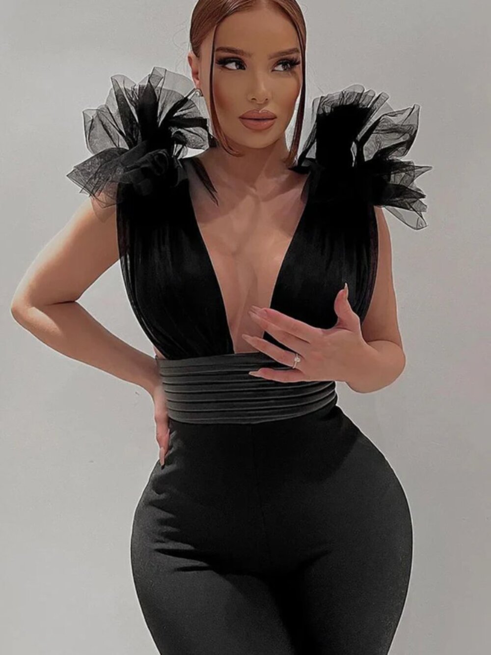 Fashion Nova Editorial Bandage Jumpsuit Black Deep V Skinny Leg S NWT